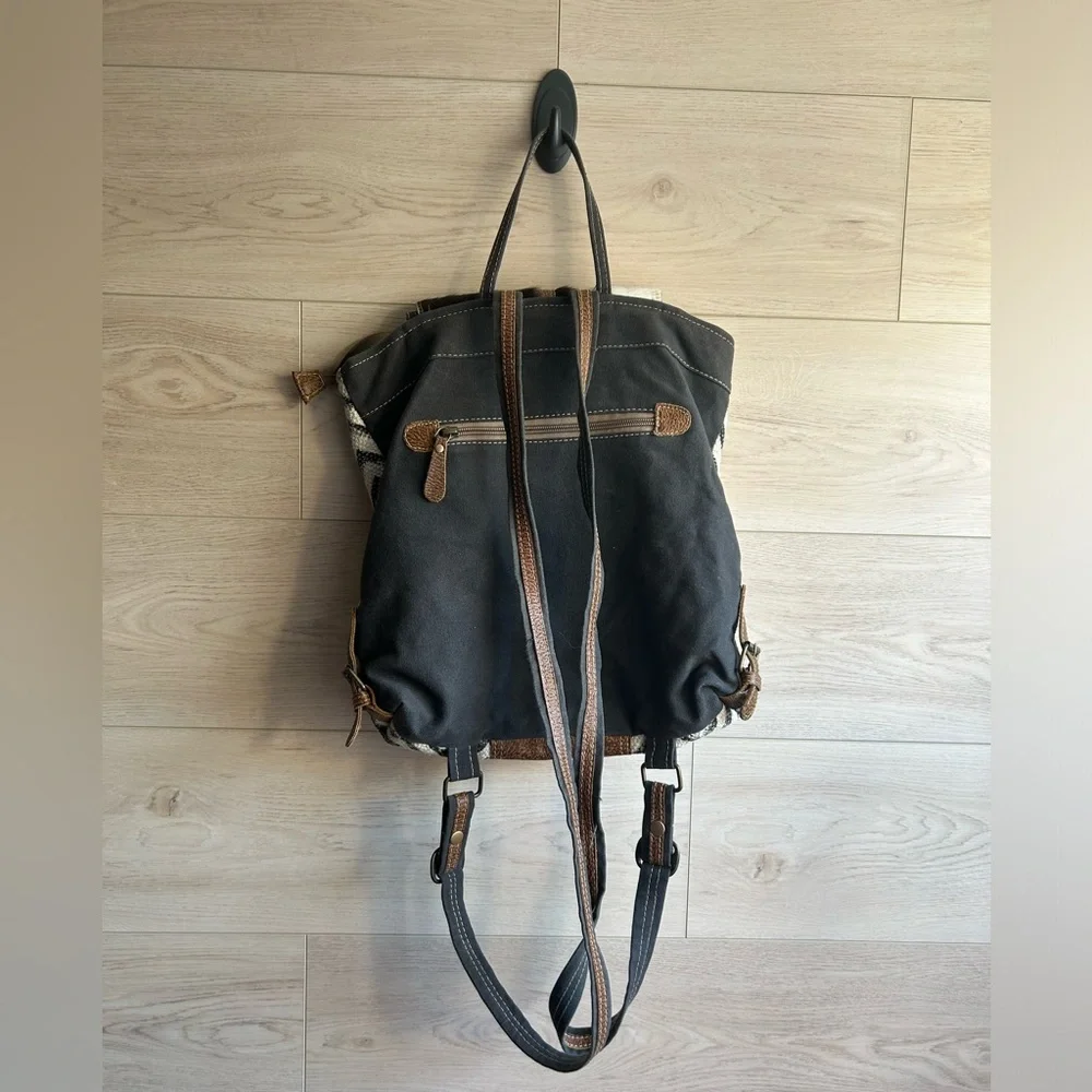 Myra Chevron Brown and White Patterned Backpack with Cowhide Flap.